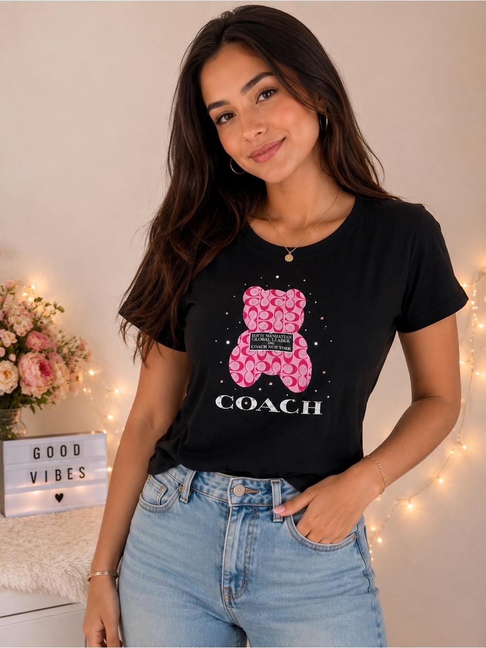 ✨ Fashion Black Graphic Teddy Bear Tee | Women’s S/M | Cute Casual Top ✨